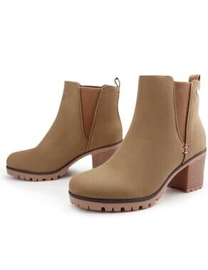 JABASIC Womens Chelsea Ankle Boots Suede Block Heel Slip On Booties Tan EUC 8